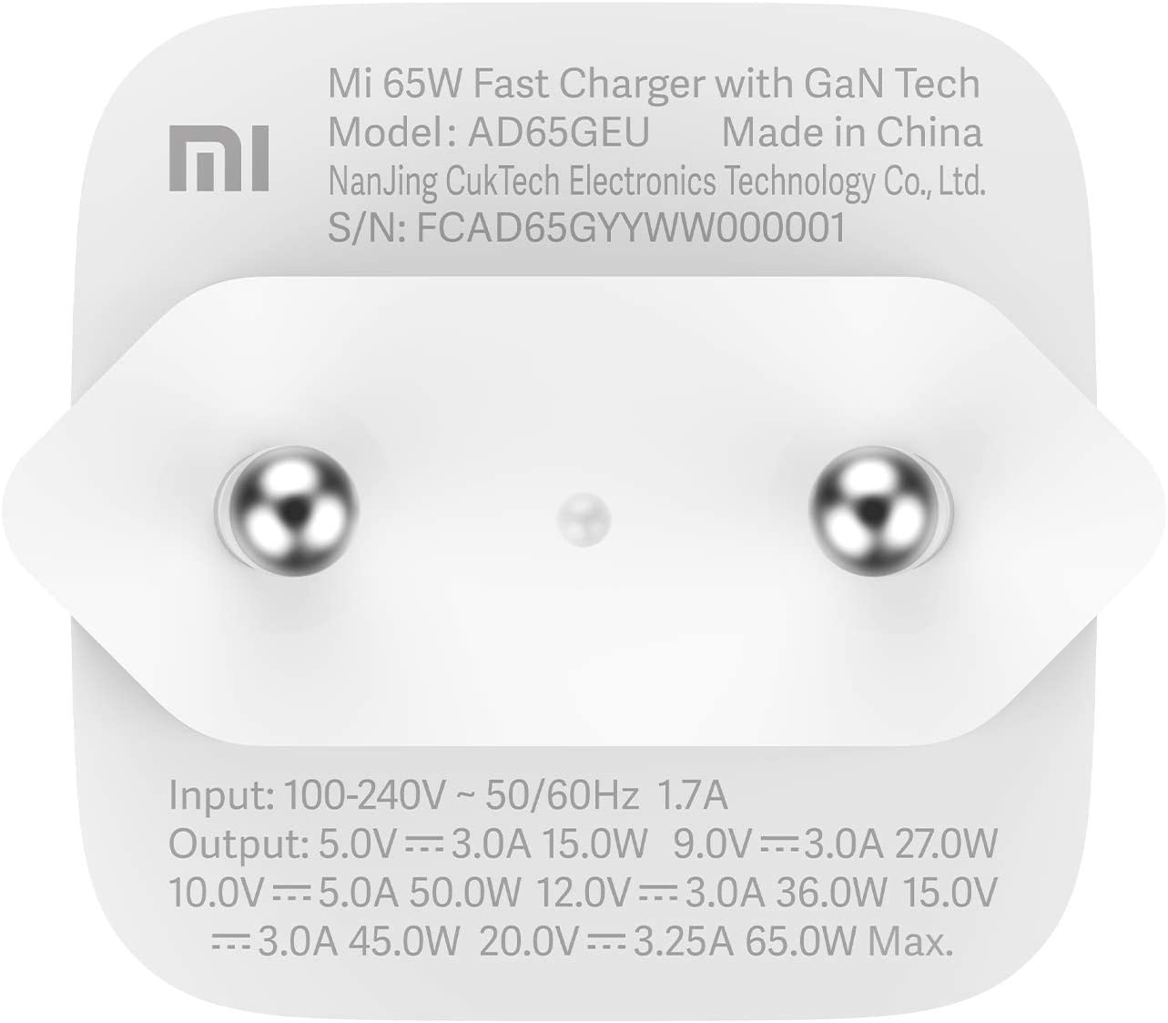 Xiaomi Mi 65W Fast Charger with GaN Tech Cargador 65W USB Tipo A +