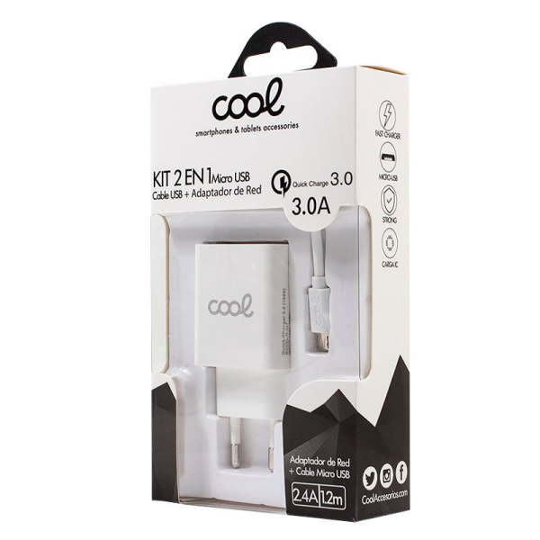 Cargador Red Conector Micro-usb Universal 3Amp (Carga Rápida) COOL Kit 2 en 1 Blanco - Imagem 3